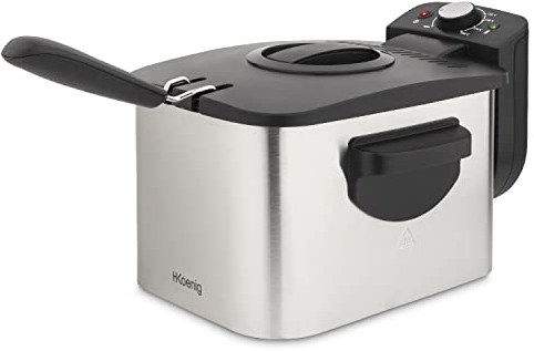 H.Koenig DFX500 Freidora Electrica, Capacidad 3 Litros, Filtro Absorbente Olores, 2200 W, Temperatura Regulable hasta 190 °C, Termostato, Tamaño Compacto, Acero Inoxidable