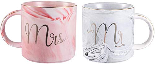Mr & Mrs Tazas Cerámica Café Tazas Marbling con Patrones Dorados Perfecto para Café, Té y Agua, 400 ml, 2 Unidades, Regalo para Boda, Día de San Valentín, Aniversario y Navidad