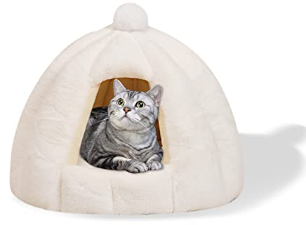 Galatée Katzenhöhlenbett, Waschbares Katzenkissenbett Mit rutschfeste Unterseite, Haustierbett Mit Abnehmbarem Waschbarem Innenkissen, Weiches Und Gemütliches Plüschkatzen-Iglu(S, Weiß)