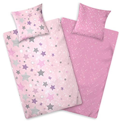 Aminata kids Bettwäsche Biber Sterne rosa 135x200 Kinder Baumwolle Sternen-Motiv, Reißverschluss warm & kuschelig, Flanell-Winter-Bettwäsche-Set - Wendebettwäsche rosa weiß
