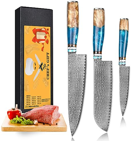 oFuun Set Coltelli da Cucina Professionali Coltello Da Cucina Damasco 67 Strati, 3 Pezzi Coltello Da Cucina Giapponese Professional Coltello da Chef Kiritsuke Coltelli Carne Per Chef E Appassionati…