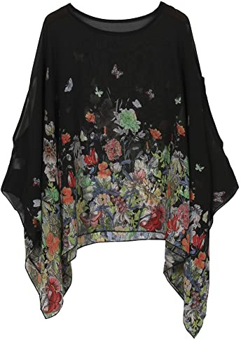 CuteSwan Camicetta da donna Lagenlook caftano con maniche a pipistrello in chiffon bohémien sciolto floreale camicetta tunica, Farfalla floreale., One Size Plus