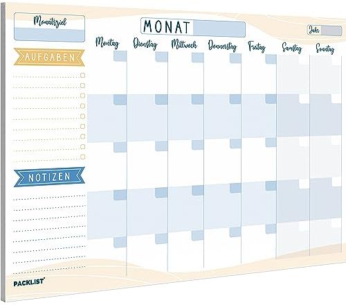 PACKLIST® Monatsplaner Block A4 ohne Festes Datum. Terminplaner, Familienplaner mit Monatsziel, To-Do-Liste, Notizen, großem Notizfeld - Exklusive Kalender mit ECO-Verpackung