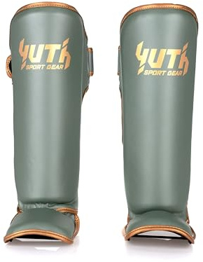 Yuth Sport Gear Gold Line Shin Guards | Muay Thai Shin Guards | Lightweight Durable Shinguards Muay Thai | Padded Adjustable Muay Thai Leg Guards Kickboxing, MMA Sparring Training (M, Army Green/Gold)