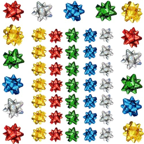 Jonami 50x Fiocchi Regalo Piccoli Fiocchi Decorativi Autoadesivi - Fiocco Pronto per Natale, Compleanno e Matrimonio, Olografici Multicolore