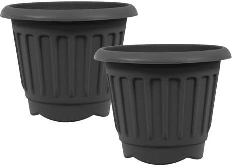 simpa Round Chunky Black Plastic Indoor or Outdoor Planters - Set of 2 Pots 30cm