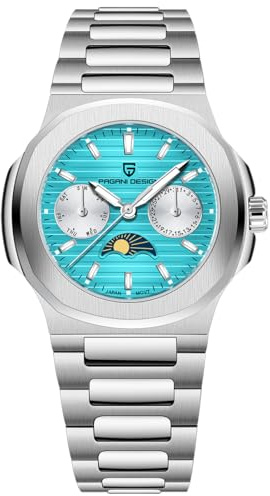 Women's Watch, Stainless Steel, 50 Meter Water Resistant, Quartz, Luxury Women's Watch, Multifunction Luminous, Moon Phase, Automatic Date Display, Day of the Week Reloj para Mujer (Sky Blue Pq-1786)