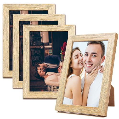 YUESIKJ 4 Pezzi Cornice Foto 10x15 CM Portafoto Cornice da Parete e Tavolo in Legno Massello e Pannello in Plastica Decorazione Della Tavola