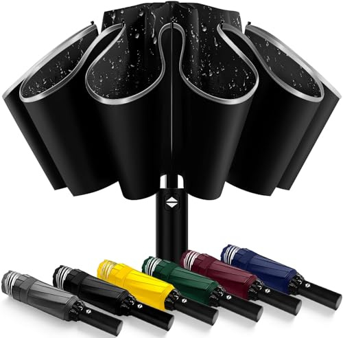 ExploreBliss Inverted Automatic Travel Umbrella with Reflective Strip, Windproof & Compact Folding Umbrella, Strong Lightweight Rain Umbrella with One-Button Open/Close for Men & Women, Black