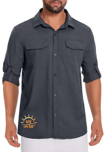 Herr UPF50+ fisketröjor långärmad solskydd lätt vandringsskjorta button down träningsskjortor med blixtlåsfickor, Mörkgrått, S