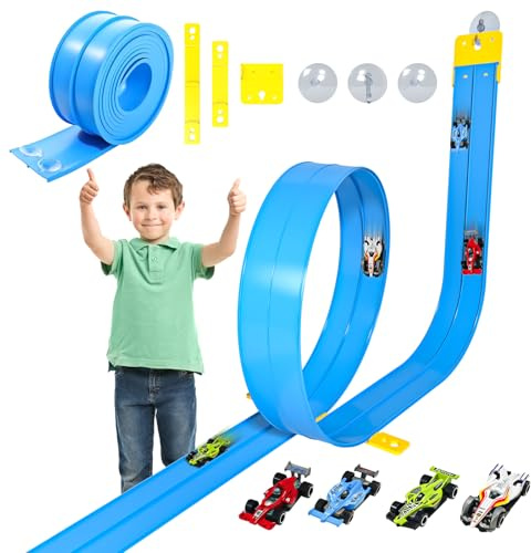Doloowee 5M flexibel bilbana ramper för barn | Flexibel racerbana med sugkoppar, bärbar gör-det-själv bilbana med 4 bilar, leksaksgåva för barn från 3 år