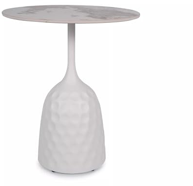 SIGNAL MEBLE SALO A, Couchtisch Rund, Weiß Marmoroptik, Keramik Tischplatte, Metall Gestell Mattweiß, 50 cm Durchmesser, 60 cm Höhe