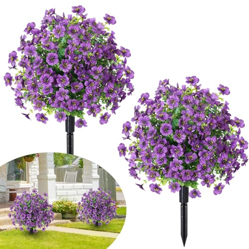 Fairblo 2 Piezas Bola de Boj Artificial 60 cm Plantas Artificiales Exterior con Flores Artificiales Resistentes UV Topiarios Artificiales Realista con Estaca para Deco Exterior Jardin Balcón, Púrpura
