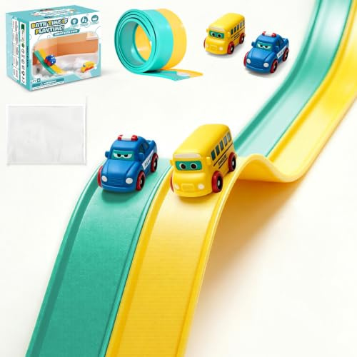 Bath Toys, 1.55M Flexible Bathtub Race Track Set with 2 Mini Cars Suction Cups Adhesive Hooks & Mesh Storage Bag, Portable Car Racing Bath Track Game Bathtub Water Toy for Kids Ages 3+