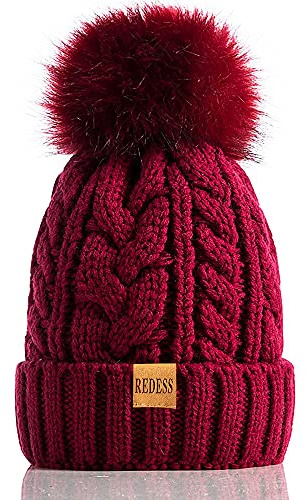 REDESS Gorro de Invierno con pompón para Mujer con Forro Polar cálido, Gorro de esquí Grueso y Holgado con Punto de Nieve y Calavera