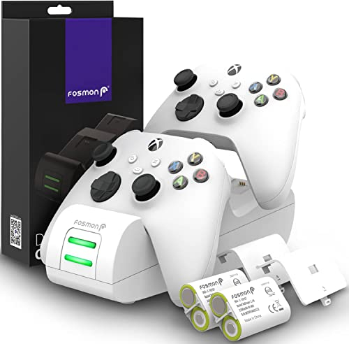 Fosmon Dual 2 MAX Cargador Compatible con Mando Xbox Series X/S (2020), Xbox One/One X/One S Elite Controller, (Doble Estación) Estación de Carga Rápida con 2x 2200mAh Ni-MH Batería Recargable -Blanco