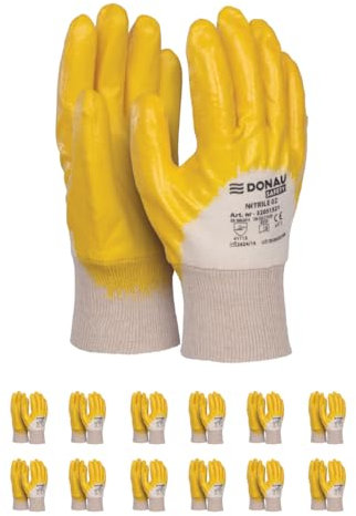 DONAU SAFETY Arbeitshandschuhe aus Baumwollstrick Herren/Schützender Nitril Beschichtet/Größe 9, 12 Paar/Gelb Weiß/Montagehandschuhe/für Montagearbei Mechaniker Service Transport und Bau