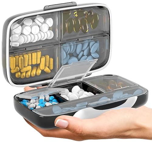 Travel Pill Organizer - Airtight Medicine Case for Traveling Portable Pharmacy Box with Labels Vitamin Container 8 Compartment Supplement Medication Holder Large Capacity Daily (Black)