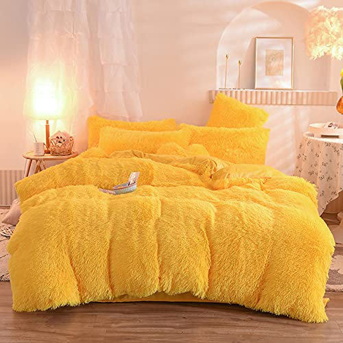 LGYKUMEG Bed linen warm winter plush long hair fluffy flannel beaver duvet cover with zipper and pillowcase 4-piece set,Yellow,220 * 240cm
