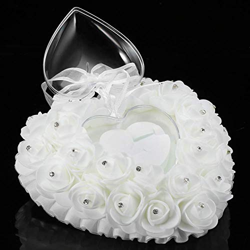 Ringkissen Hochzeit, Ringbox mit Rose feinem Strasssteinchen und Schleife, Romantische Ringschatulle Hochzeitsdeko für Ehering, 16x15cm
