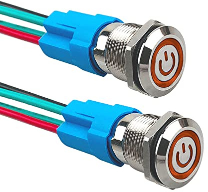 Aiqeer 2 stycken 12 mm låsande tryckbrytare, 12 V/24 V 3 A automatisk tändning startbrytare, IP66 vattentät tryckbrytare i rostfritt stål, med förkopplat uttag (gul LED)