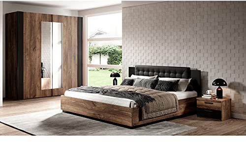Lomadox Bett mit Lattenrost, Liegefläche 160 x 200 cm und Kleiderschrank in Flagstaf Eiche dunkel Nb. und kupferrot, kombiniert mit schwarz
