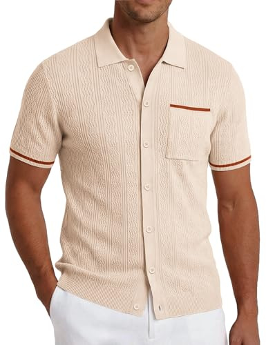 COOFANDY Herren-Poloshirt, kurzärmelig, Vintage-Stil, Knopfleiste, lässig, Strand-Top, Helles Braun, XL