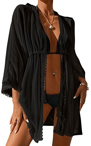 GORGLITTER Kimono da spiaggia, cardigan, abito da spiaggia, largo, corto, bohémien, bikini, copertura oversize, alla moda, leggero, poncho da spiaggia con pizzo, Nero , S