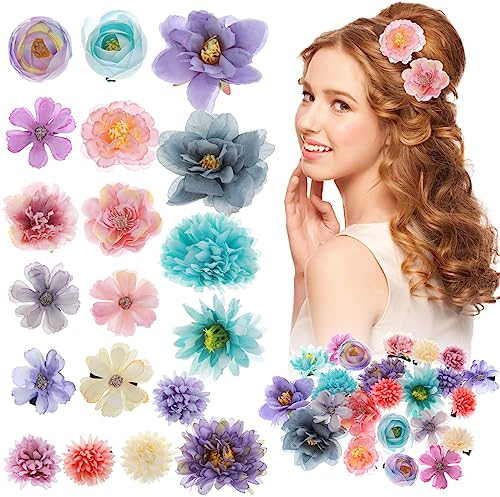 WLLHYF 23 Stück Blumen-Haarspangen Halloween Rosenblüten-Haarspangen Boho-Braut-Klauenklammer künstliche Blumen-Haarnadel Brosche Kopfbedeckung für Mädchen Hochzeit Party(23pcs-blau lila)