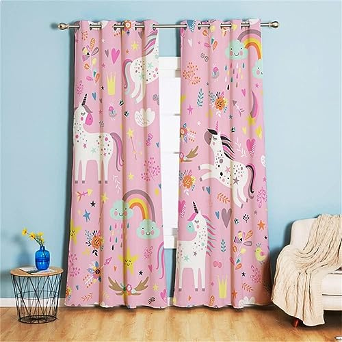 Koudi - Rideaux pour Enfants, Motif Licorne et Étoiles, en Rose, avec Œillets, pour Chambre de Fille, Chambre d'Enfant, Chambre de Bébé, 160 × 107 cm (H × L)
