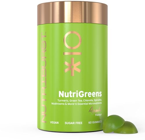 Nutriburst - NutriGreens - 22 Fruits + Vegetables + Herbs + Mushrooms + Live Bacteria Cultures - Boosted with Vitamins: Zinc, VIT C, D3, B5, B6, B12-60 Gummies 1 Month Supply - Suitable for Vegans