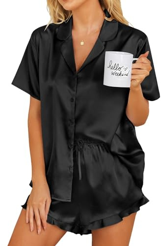 Ekouaer Womens Satin Pajamas Set Button Down 2 Piece Silk Pjs Shorts Set Ruffle Lingerie Notch Collar Sleepwear Black L