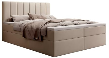 MyBed Allen Boxspringbett Modernes Polsterbett mit Kopfteil und Bettkasten 180x200 7-Zonen Taschenmatratze H3 und Topper Creme Matt Velvet 06 Schlafzimmer