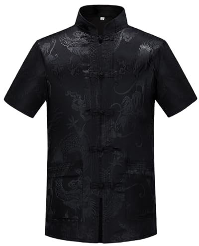 Kung Fu Tops Uniform Tang Men Chinese Traditional Clothing Hanfu Martial Arts Short Sleeves Shirt (Black, Medium)
