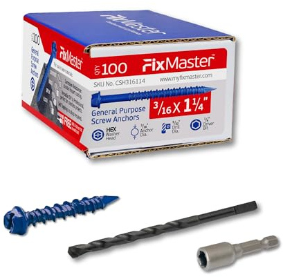 FixMaster 3/16 x 1-1/4 Hex Head Blue Concrete Screw Anchors (100 pcs Screw Kit) with one Screwdriver and Drill Bit for Concrete, Masonry, Block, Brick and Wood Fastening