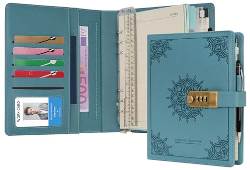 WASON Diario con candado A5 cuaderno de notas de hojas rayadas recargables planificador carpeta de escritura con bolígrafo y para ideal organizador negocios escuela y viajes(Cian)