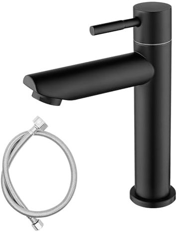 Kaltwasserhahn Schwarz für Gäste WC,Einhebelmischer Kaltwasser Armaturen aus Edelstahl 304,Schwarz Kaltwasserarmatur Badezimmer 304 Edelstahl,mit 80 cm Anschlussschlauch,Für Badezimmer,Spül,Gäste WC