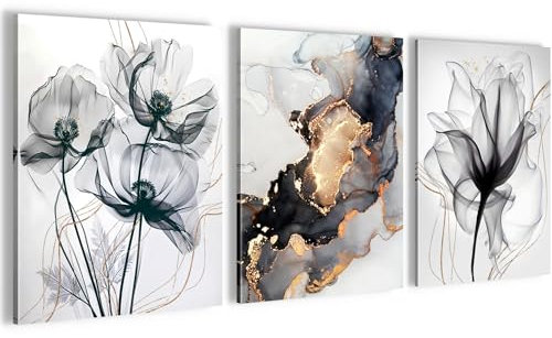 Novart Wandbilder Set Blumen Abstrakt - KOMPLETT AUFHÄNGFERTIG - Wohnzimmer Schlafzimmer Flur Deko - 3 Moderne Bilder Gold Grau Schwarz - N032535b