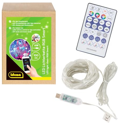 Idena 30521 - LED Micro Guirlande lumineuse avec 100 LED RGB multicolores, env. 12,9 m de long, LED Strip avec 12 fonctions d'éclairage & synchronisation musicale, alimentée par USB, avec minuterie