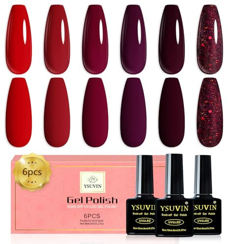 YSUVIN Esmaltes Semipermanentes Para Uñas, 6 Colores Rojo Burdeos Oscuro Rojo Cereza Vino Glitter Otoño Invierno Pintauñas Gel Soak Off UV LED Navideñas De Halloween Kit De Manicura, 8 ML
