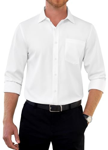 siliteelon Mens Shirts White Shirt Long Sleeve Regular Fit Shirts for Adult Stretch Dress Business Casual Wedding Work Formal with Pocket Shirt L