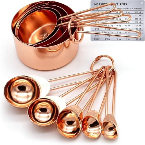 Copper Stainless Steel Measuring Cups and Spoons Set 9-Piece with Engraved Measurements, Pouring Spouts, and Mirror Polished Finish Ideal for Baking