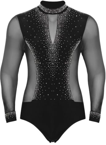 Freebily Klassisk Dans Bodysuit Herr Långärmad Camica Latin Amerikansk Dans Bodysuit Tango Heltäckande Konståkning Bodysuit Gymnastik Bodysuit med Mesh Lapptäcke, Svart, M