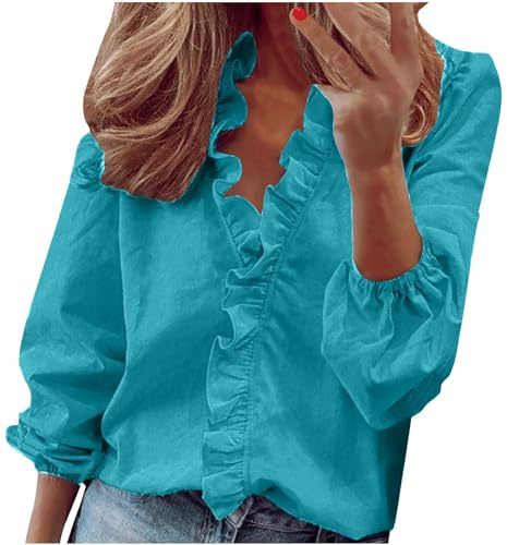 2025 T-Shirts Femme Imprimé Été Chic et Élégant Chemise Femmes Col en V Tops Volants Manche Longue Couleur Unie LâChe Respirant Chemisier Boheme Pas Cher Casual Blouse de Plage Hawai Mode