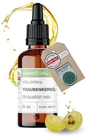 wesentlich. Traubenkernöl Bio 50ml mit Pipette | Kaltgepresst & Hautstraffend | Leichtes Öl für Gesichtspflege & Massage | 100% Natürlich