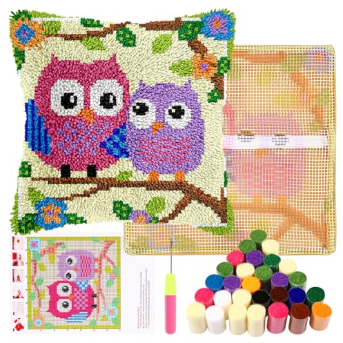 Guniata Juego de cojines de nudos para adultos, 43 cm, juego de fundas de almohada de anudado con hilo de ganchillo, funda de almohada hecha a mano, trabajo de aguja para decoración de sofá (búho)