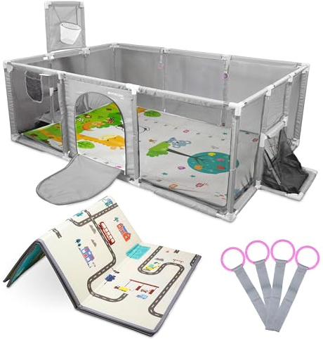 Mobiclinic®, Parque Infantil Bebé, Alfombra de Juegos Reversible, Plegable, 128x233 cm, Canasta y Red de Fútbol, 4 Agarraderas, Malla Transpirable, Corralito Bebé, Bolsa de Transporte, Kidland (Gris)