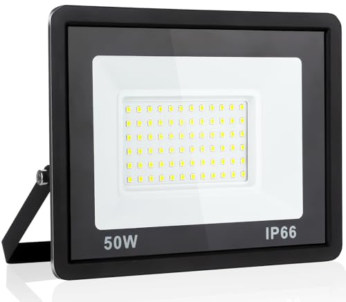 Fynokst 50W Faretto LED da Esterno, 5400LM Sovrilluminante Faro LED Esterno, 6000K Luce Bianca Fredda, IP66 Waterpoof Faretti per Giardino, Garage, Campo sportivo, 1 Pezzi
