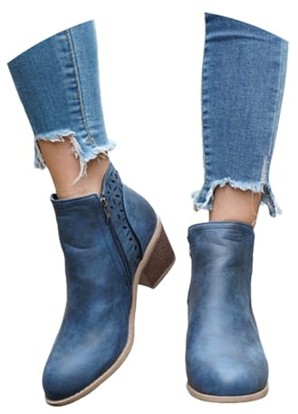 Stivaletti Vintage for Primavera,Stivali Corti Da Donna In Pelle PU Con Cut-out Stivaletti A Punta Tonda Con Tacco Basso Scarpe Alla Caviglia Di Grandi Dimensioni Con Cerniera Laterale(Blue,36 EU)
