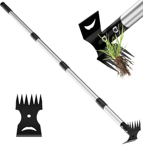 Weed Remover Tool 2-in-1 Weed Rake & Hoe Combo, Heavy Duty Manual Weed Puller with 40-148cm Adjustable Long Handle, Ergonomic Weeding Tools for Lawn, Yard, Patio, Garden